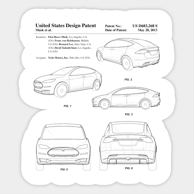 Tesla Model S Electric Car Vintage Patent Drawing Sticker by TheYoungDesigns